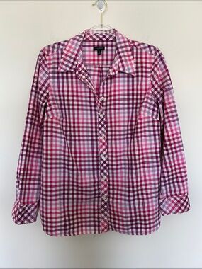 Talbots Button Up Shirt Pink Medium Gingham Plaid Cotton Long Sleeve Top